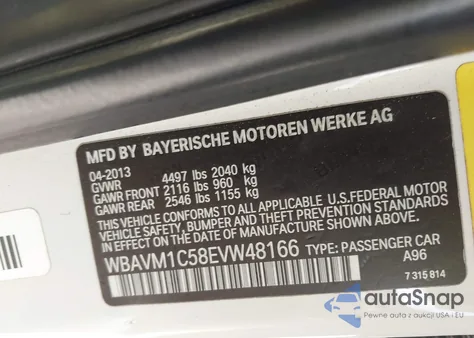 2014 BMW X1 Sdrive28I from USA, damaged, VIN WBAVM1C58EVW48166